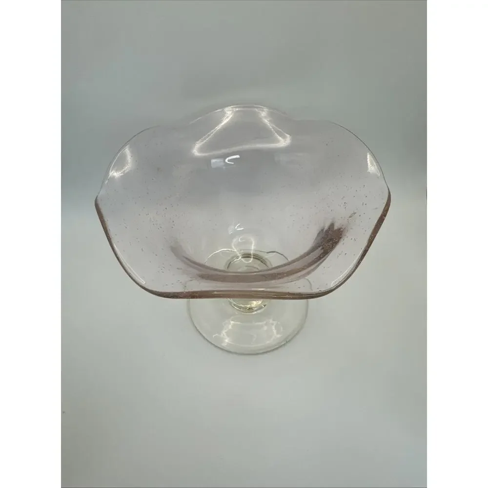 Vintage Pink Hued hand‎ blown glass art bubble glass footed compote dish 2 avail